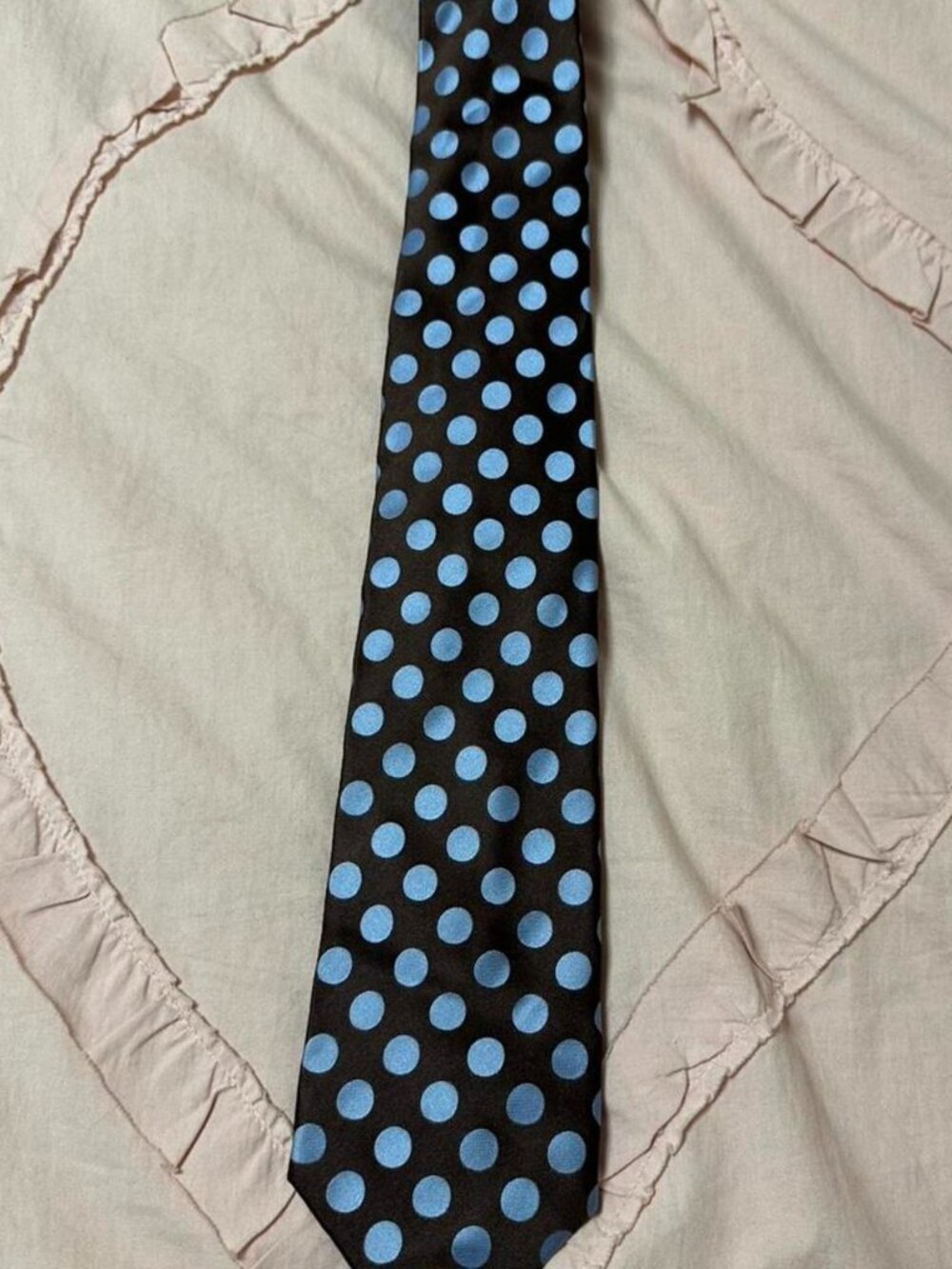 100% Handmade Silk Blue and Brown Polka Dot Perry Ellis Portfolio Tie.
